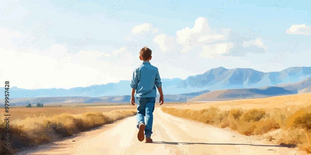 A young child walking alone behind. Watercolor illustration. Digital oil painting vector landscape. Alone boy artwork A young child walking alone behind. Watercolor illustration. Digital oil painting vector landscape. Alone boy artwork
