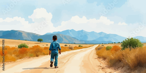 A young child walking alone behind. Watercolor illustration. Digital oil painting vector landscape. Alone boy artwork