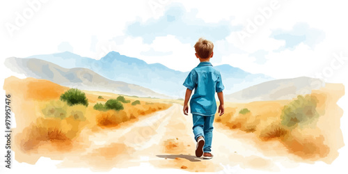 A young child walking alone behind. Watercolor illustration. Digital oil painting vector landscape. Alone boy artwork