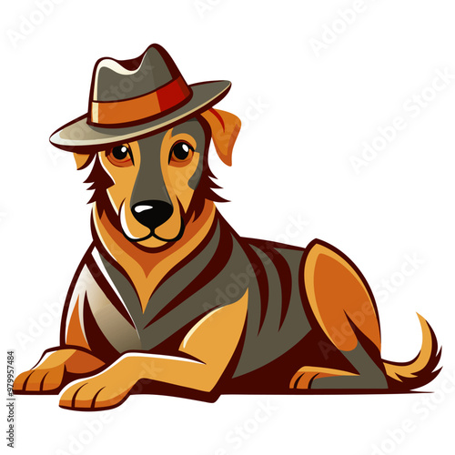 A dog sitting with a hat on its head, vector silhouette, On a White Background