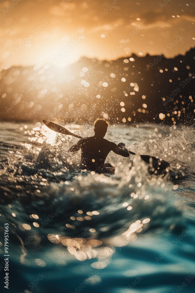 Closeup view of kayaking in sea water with splashes Closeup view of kayaking in sea water with splashes