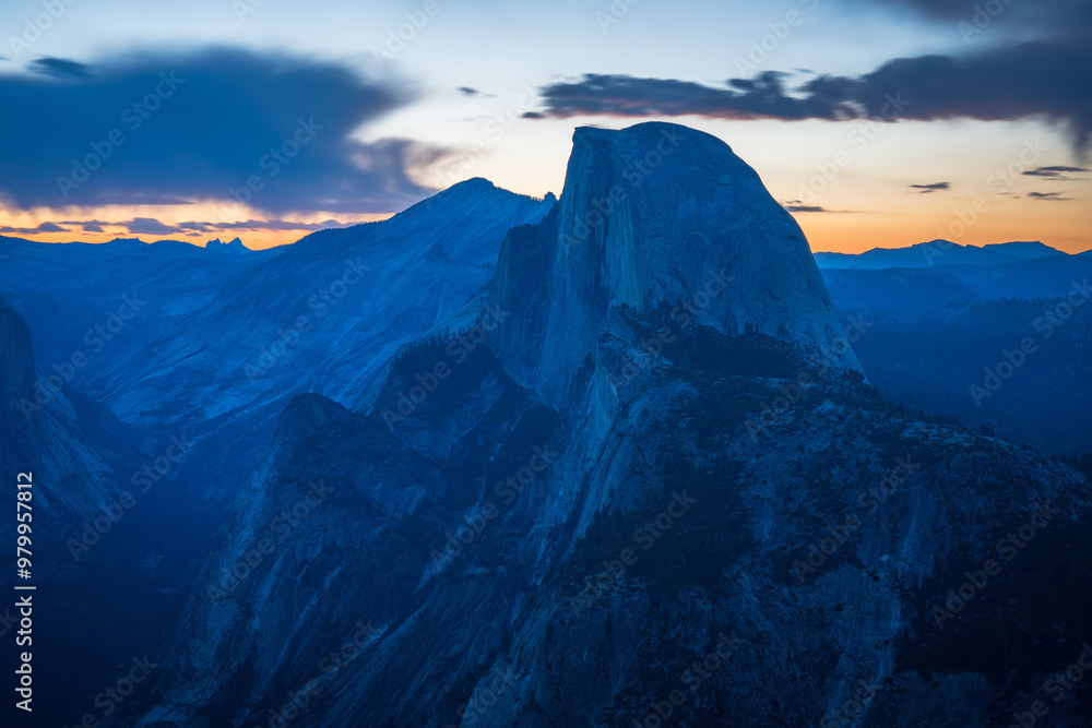 beautiful sunrise over half dome at glacier point in yosemite national park, california