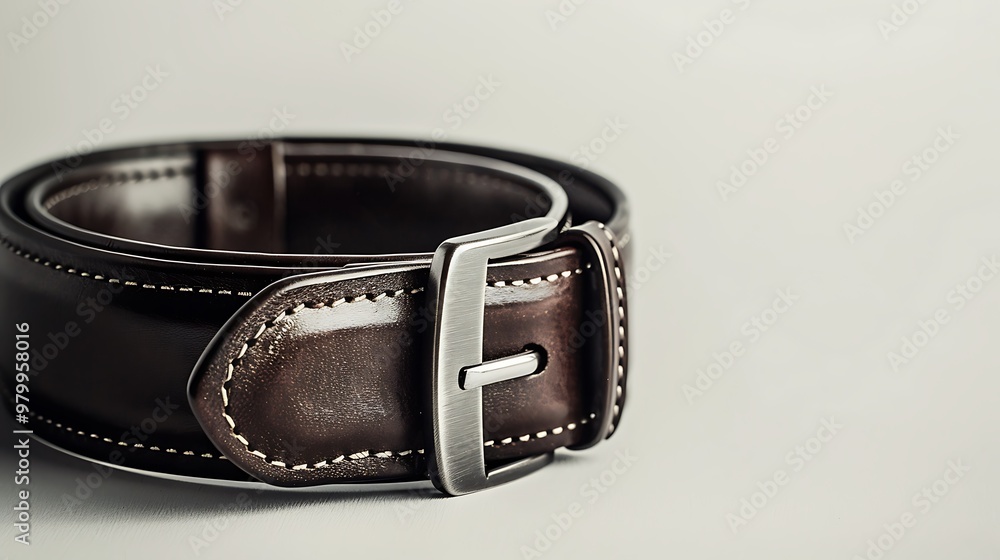 A stylish leather belt in dark brown, captured against a light gray background. A stylish leather belt in dark brown, captured against a light gray background.