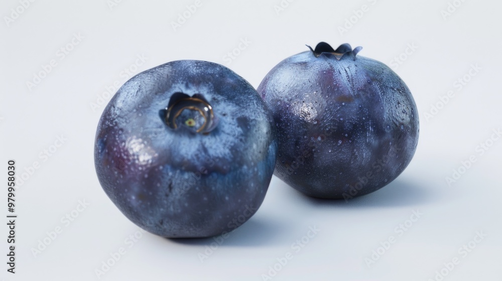 Two ripe blueberries sit side by side on a surface Two ripe blueberries sit side by side on a surface