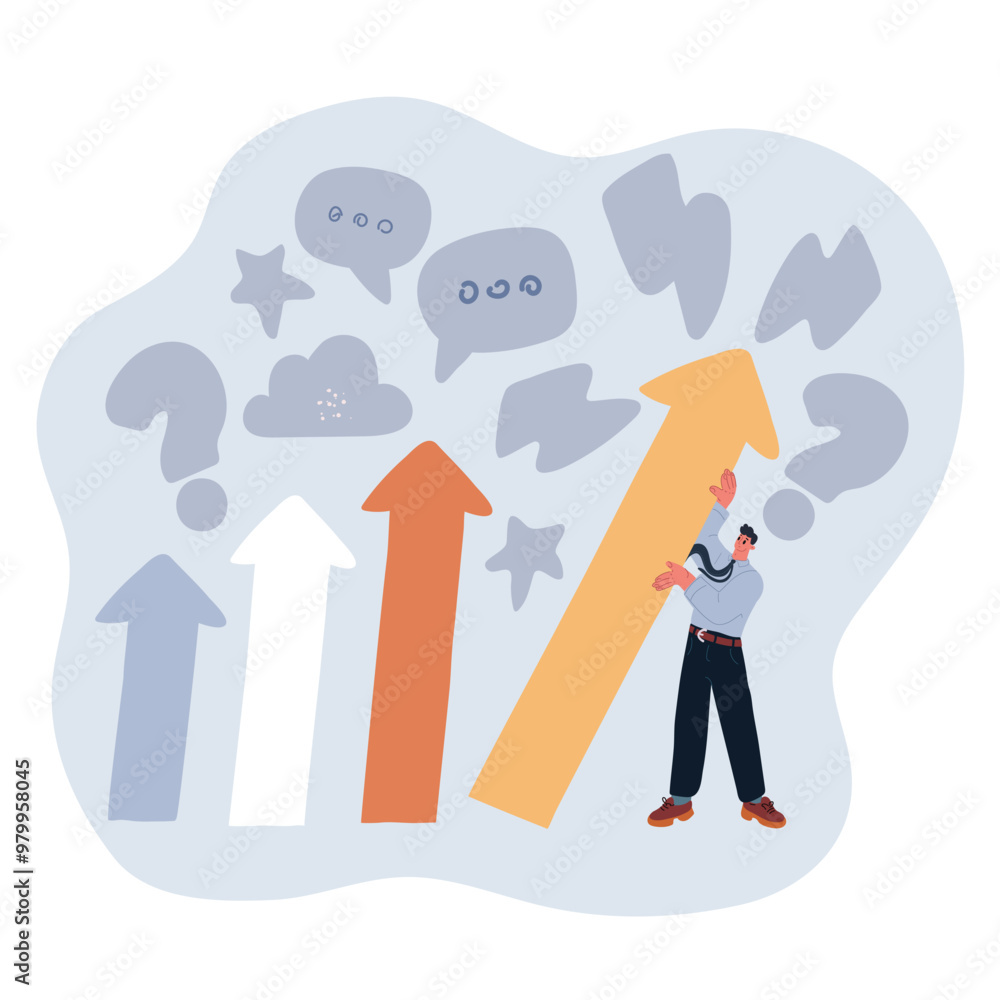 Cartoon vector illustration of a man setting an upward arrow on a growth chart, concept of driving business success and progress Cartoon vector illustration of a man setting an upward arrow on a growth chart, concept of driving business success and progress