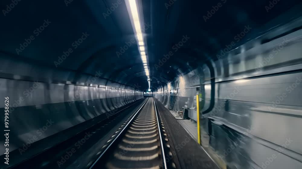 Speed ride through the underground train tunnel. Moving fast on the subway railway. First person view Speed ride through the underground train tunnel. Moving fast on the subway railway. First person view