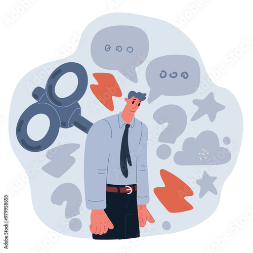 Cartoon vector illustration of a tired man with an empty clockwork mechanism and a key in his back, concept of exhaustion and depletion