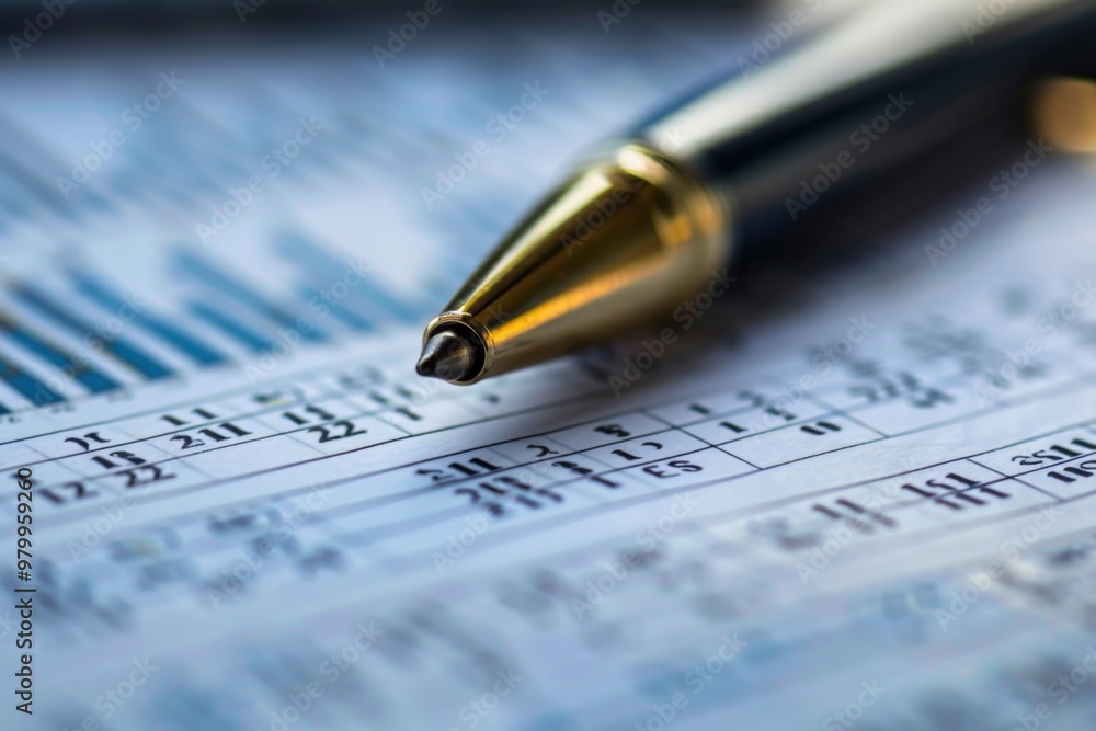 A pen is on top of a sheet of paper with a bunch of numbers and graphs A pen is on top of a sheet of paper with a bunch of numbers and graphs