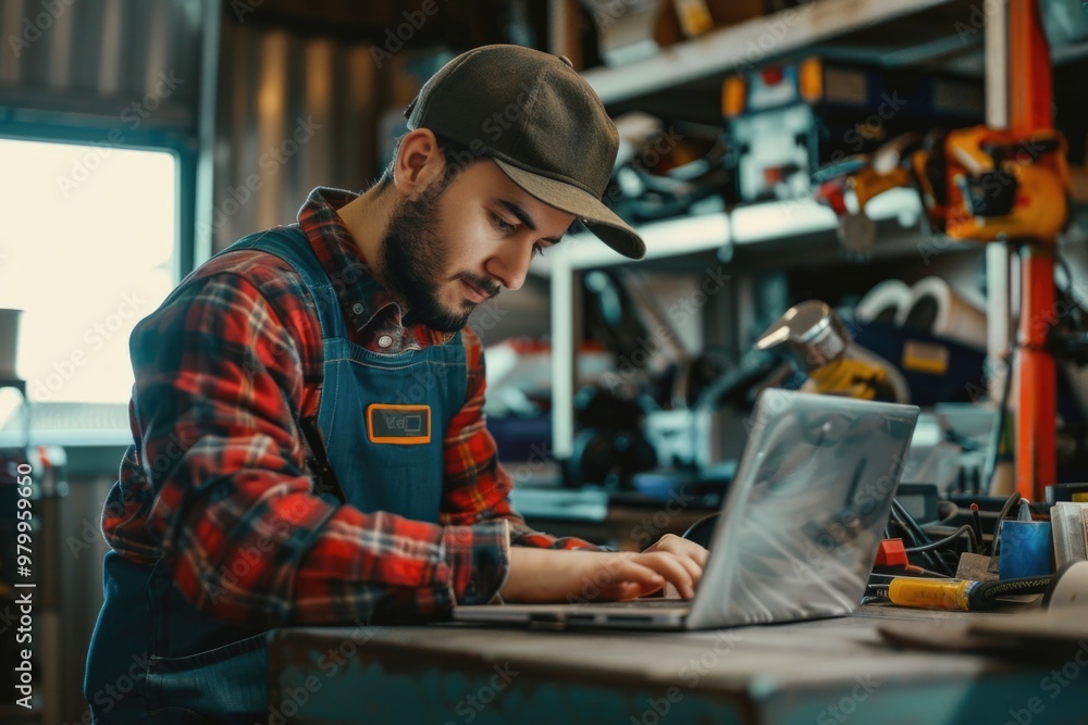 A person working on a laptop in a well-lit workshop setting A person working on a laptop in a well-lit workshop setting