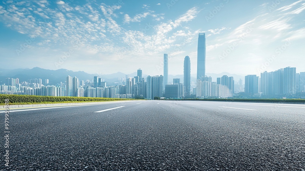 Obraz premium Asphalt highway road and city skyline with modern buildings scenery in Guangzhou. Car background..generative ai