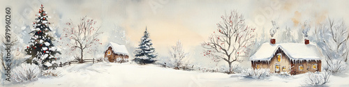 Banner with winter houses and Christmas tree. Watercolor Christmas landscape retro style painting.