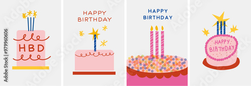 Happy Birthday cards in cartoon retro 90s style. Minimalist cards. Celebration congratulations posters with cakes and sweets. Vector bright template for party, event