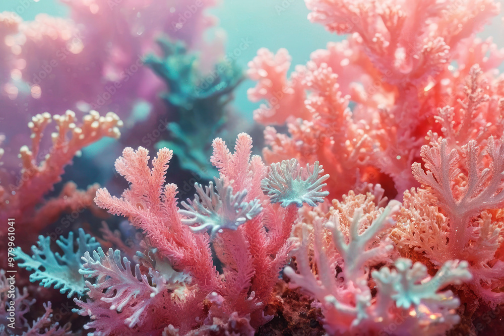 3D render holographic chrome Y2K element. Liquid metal, shiny colorful coral reef with pink and blue. The colors are vibrant and lively, creating a sense of energy and movement. 3D render holographic chrome Y2K element. Liquid metal, shiny colorful coral reef with pink and blue. The colors are vibrant and lively, creating a sense of energy and movement.