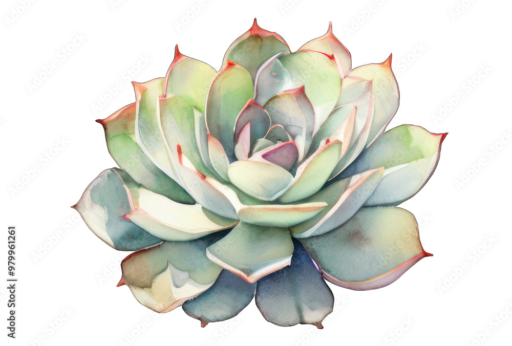 A watercolor painting of a white and green succulent plant. The painting is of a single flower, with the petals spread out and the stem visible. The overall mood of the painting is serene and calming A watercolor painting of a white and green succulent plant. The painting is of a single flower, with the petals spread out and the stem visible. The overall mood of the painting is serene and calming