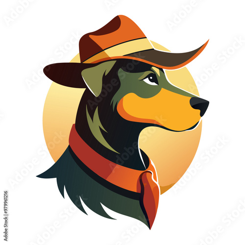 A dog sitting with a hat on its head, vector silhouette, On a White Background