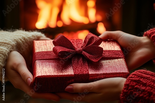 Close-up of two hands exchanging a beautifully wrapped red gift box with a shiny ribbon, set against a warm and cozy fireplace backdrop photo