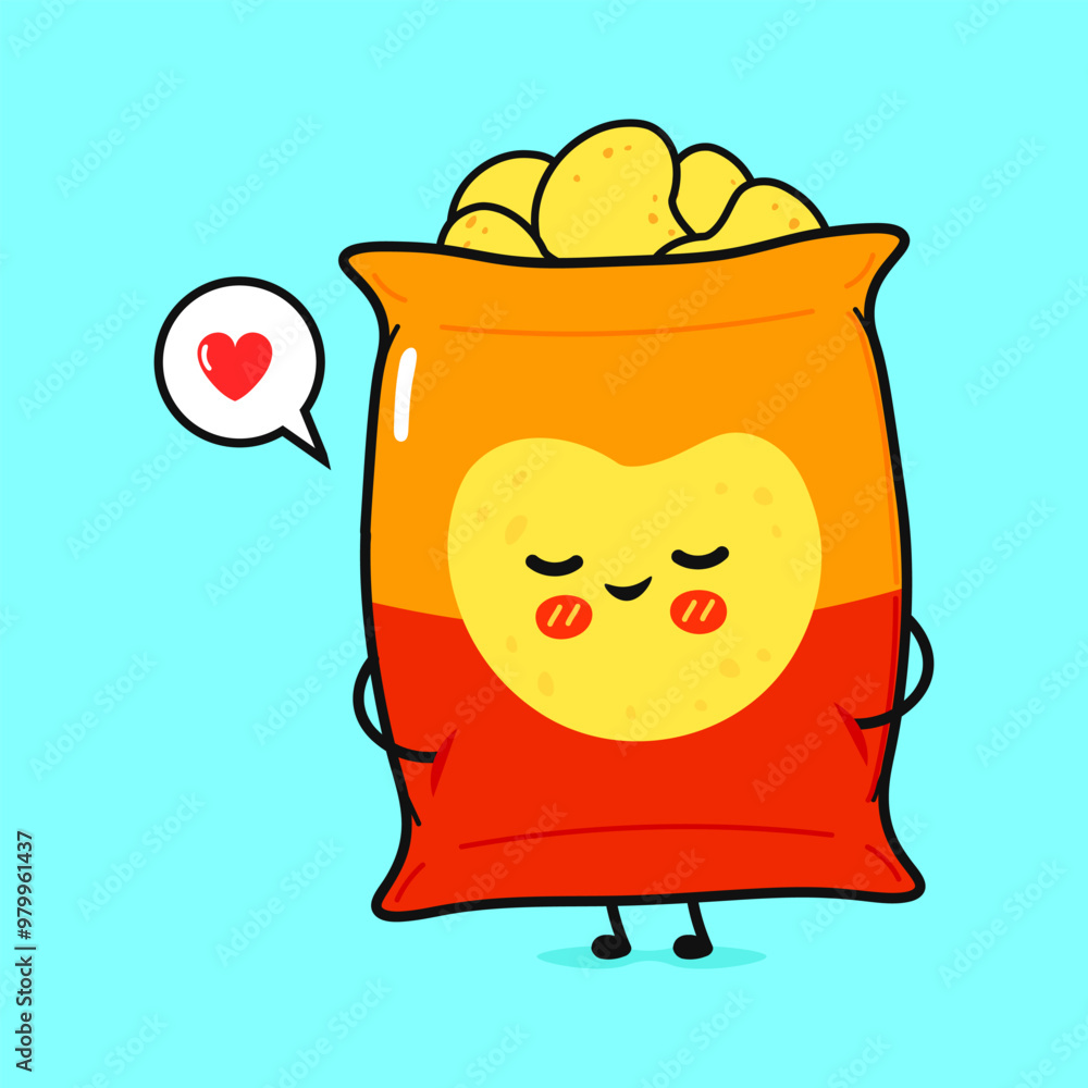Chips in love character. Vector hand drawn cartoon kawaii character illustration icon. Isolated on blue background. Chips character concept