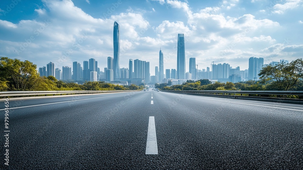 Asphalt highway road and city skyline with modern buildings scenery in Guangzhou. Car background..generative ai Asphalt highway road and city skyline with modern buildings scenery in Guangzhou. Car background..generative ai