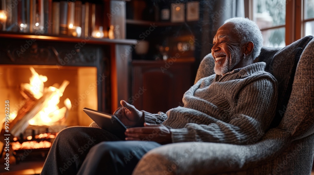 Elderly Man Video Calling Grandchildren by Fireplace in Cozy, Warmly Lit Room - Perfect for Holiday Greetings Elderly Man Video Calling Grandchildren by Fireplace in Cozy, Warmly Lit Room - Perfect for Holiday Greetings