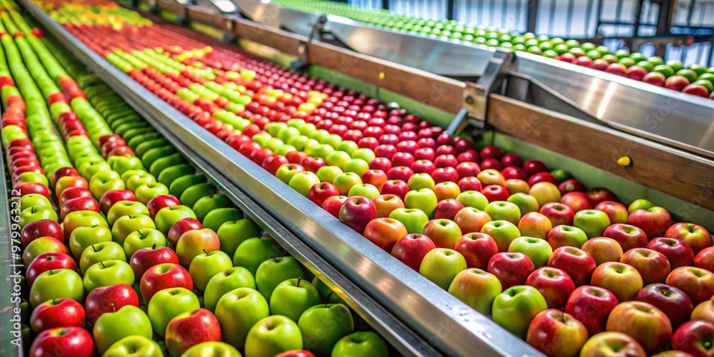 Apple Sorting Conveyor Red and Green Apples Moving on a Modern Conveyor Belt in a Factory, apple, orchard, harvest Apple Sorting Conveyor Red and Green Apples Moving on a Modern Conveyor Belt in a Factory, apple, orchard, harvest