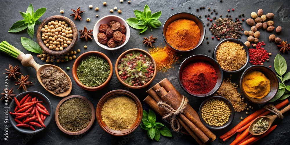 Aromatic Spices Collection Top View of Various Spices in Bowls on Black Slate, Spices, Food, Culinary Aromatic Spices Collection Top View of Various Spices in Bowls on Black Slate, Spices, Food, Culinary