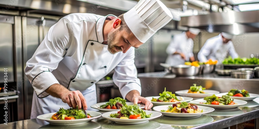 Chef Arranging Salads in a Restaurant Kitchen, Chef, Cooking, Salad, Restaurant, Kitchen, Food Chef Arranging Salads in a Restaurant Kitchen, Chef, Cooking, Salad, Restaurant, Kitchen, Food