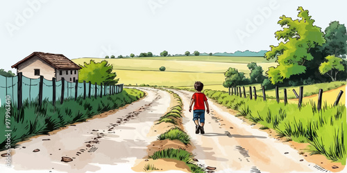 A young child walking alone behind. Watercolor illustration. Digital oil painting vector landscape. Alone boy artwork