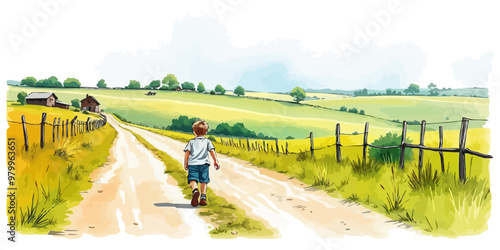A young child walking alone behind. Watercolor illustration. Digital oil painting vector landscape. Alone boy artwork
