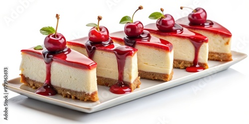 Fototapeta Naklejka Na Ścianę i Meble -  Close-up of Five Cherry Cheesecake Slices with Drizzled Glaze, White Background, Food Photography, Dessert, Cheesecake, Cherry