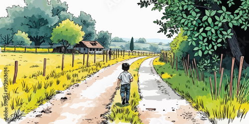 A young child walking alone behind. Watercolor illustration. Digital oil painting vector landscape. Alone boy artwork