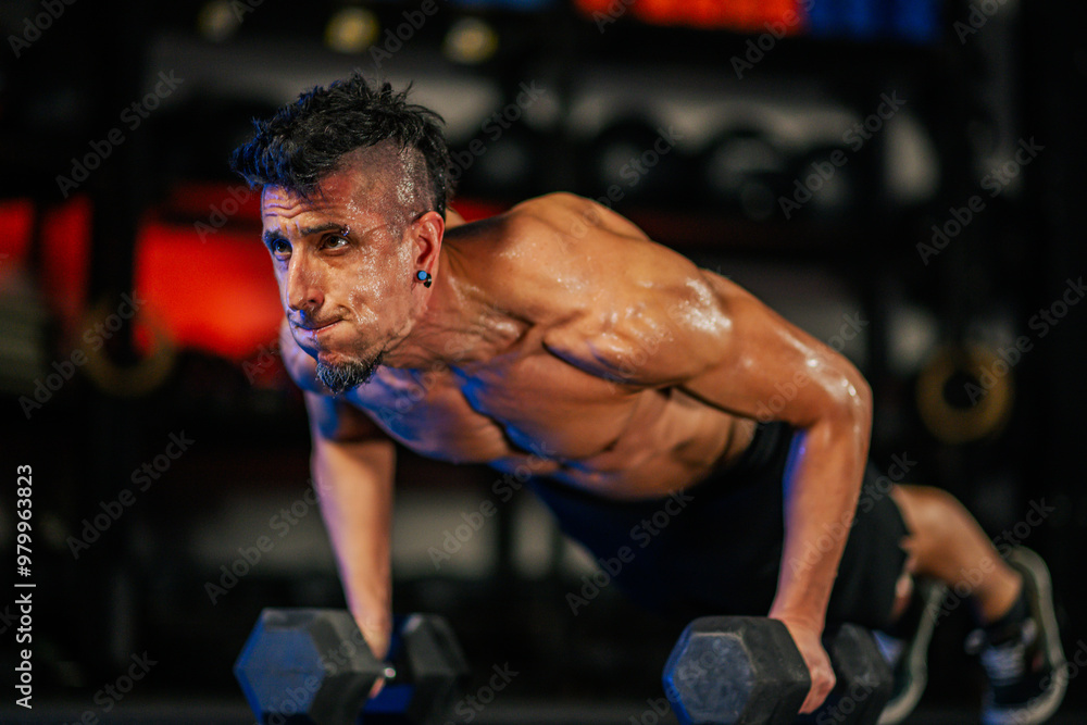 Portrait of a sweaty shirtless man doing pushups or plank with weights in a gym Portrait of a sweaty shirtless man doing pushups or plank with weights in a gym