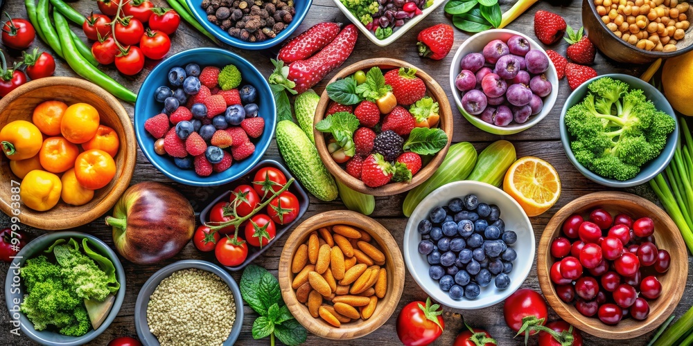 Colorful Bowls of Fresh Fruits and Vegetables on a Wooden Table, Food, Healthy, Diet Colorful Bowls of Fresh Fruits and Vegetables on a Wooden Table, Food, Healthy, Diet