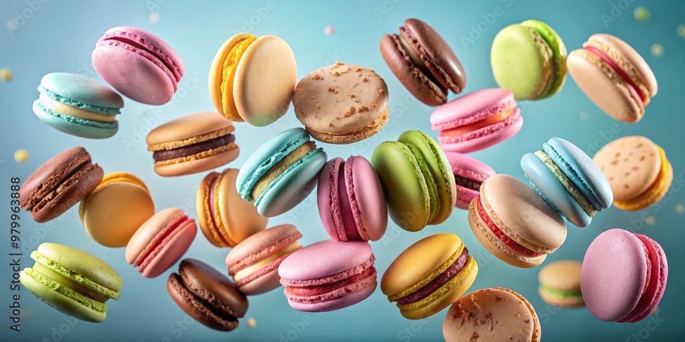 Colorful Macarons Falling Against a Blue Background, Composition - Overhead Shot, Image - Multiple Macarons, Concept - Delightful Treats ,macarons, confectionery, bakery Colorful Macarons Falling Against a Blue Background, Composition - Overhead Shot, Image - Multiple Macarons, Concept - Delightful Treats ,macarons, confectionery, bakery