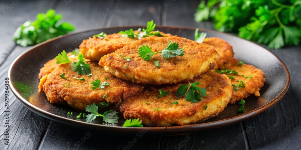 Crispy Fried Potato Patties with Parsley Garnish, Potato Patties, Fried Food, Parsley Garnish Crispy Fried Potato Patties with Parsley Garnish, Potato Patties, Fried Food, Parsley Garnish