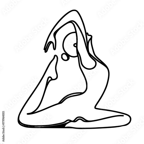 Line vector drawing of abstract human figure sitting with outstretched arm doing yoga and stretching