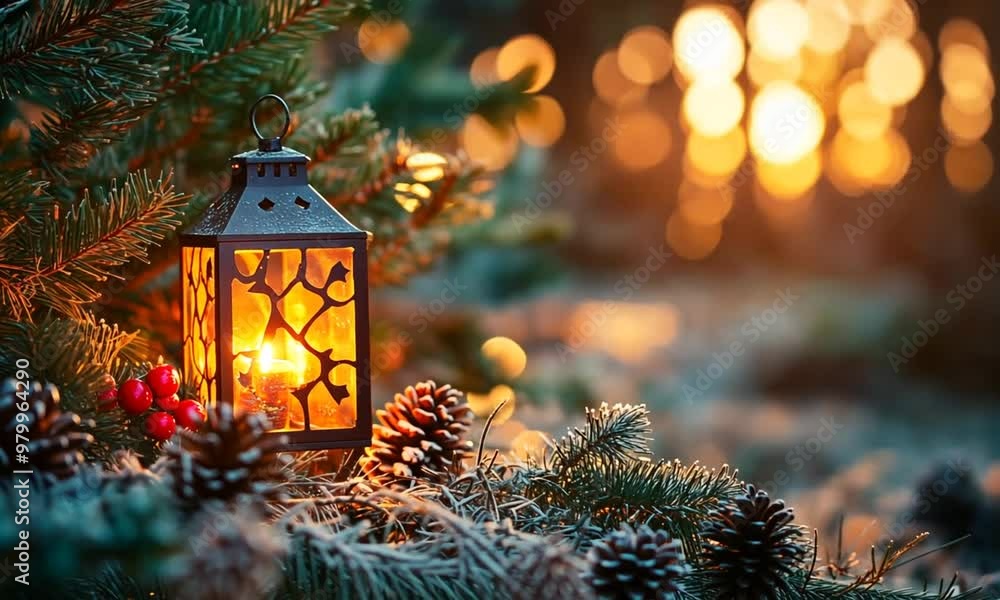 Scene of a Christmas party - a Christmas tree with decorations and a lantern Scene of a Christmas party - a Christmas tree with decorations and a lantern
