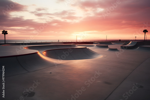 sunset at a skatepark at the beach, skatepark at the beach