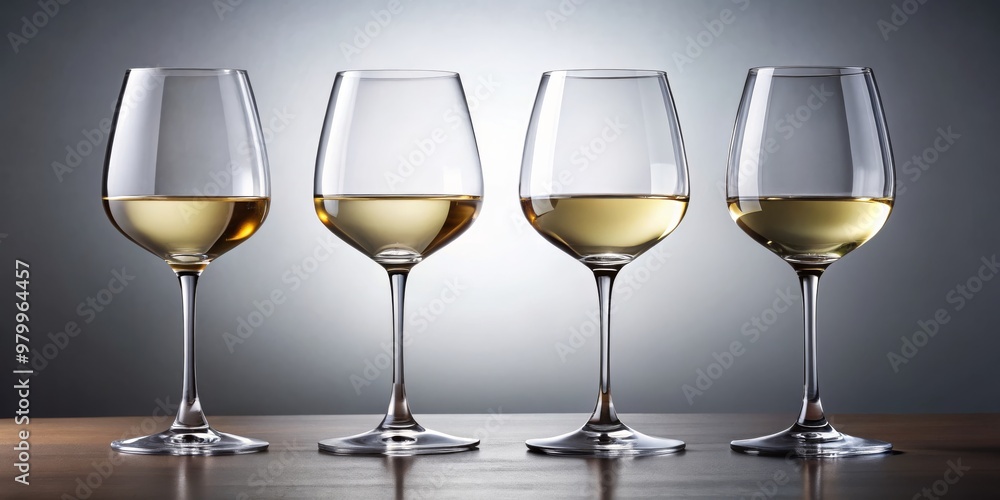 Four Wine Glasses Filled with White Wine, Composition of Four, Wine Glasses on Wooden Table, Grey Background, Wine, Glassware, Beverage Four Wine Glasses Filled with White Wine, Composition of Four, Wine Glasses on Wooden Table, Grey Background, Wine, Glassware, Beverage