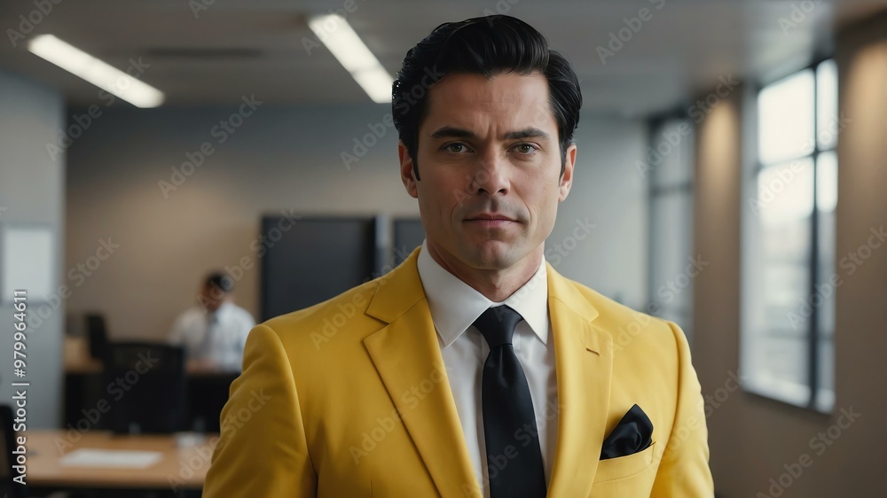 Naklejka premium adult black hair white man in yellow formal attire model portrait looking confident on an office background for ad concept space for text