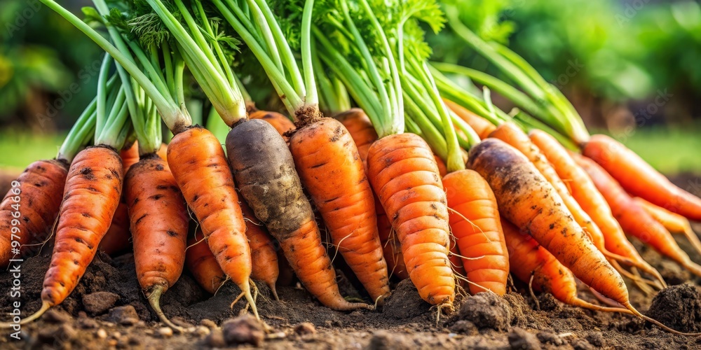 Freshly Harvested Carrots in the Garden, Closeup, Green Tops, Soil, Orange, Root Vegetables, carrots Freshly Harvested Carrots in the Garden, Closeup, Green Tops, Soil, Orange, Root Vegetables, carrots