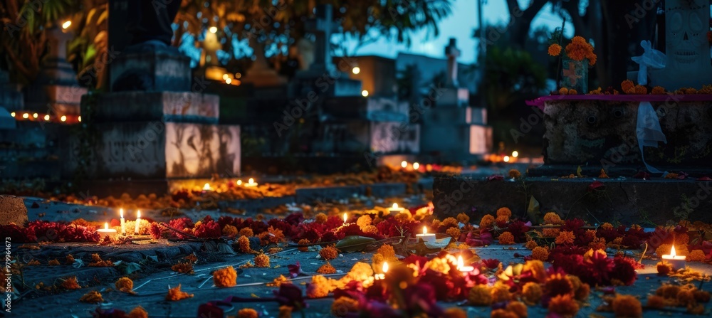 Día de los Muertos Altar in Cemetery at Night with Candlelight and Marigold Petals Día de los Muertos Altar in Cemetery at Night with Candlelight and Marigold Petals