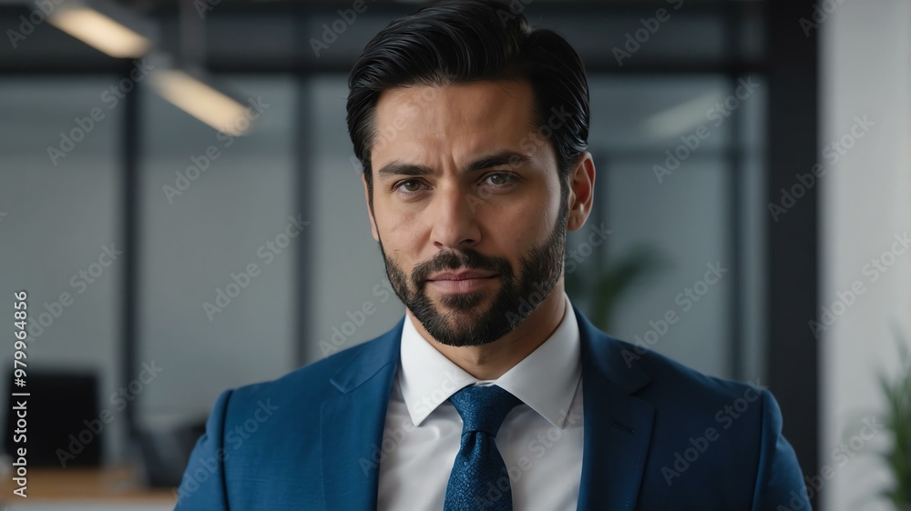 Fototapeta premium adult black hair white man in blue formal attire model portrait looking confident on an office background for ad concept space for text