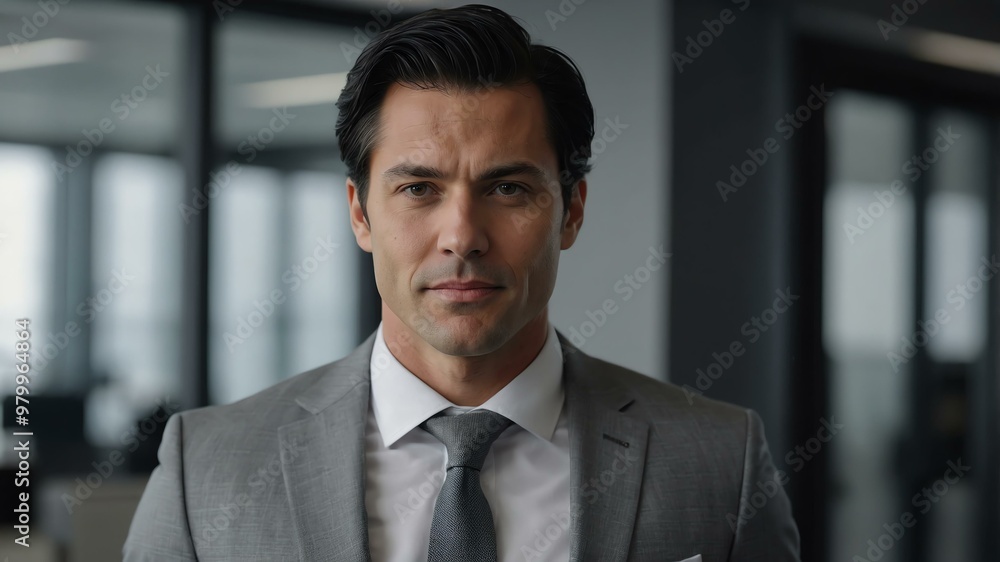 Fototapeta premium adult black hair white man in gray formal attire model portrait looking confident on an office background for ad concept space for text