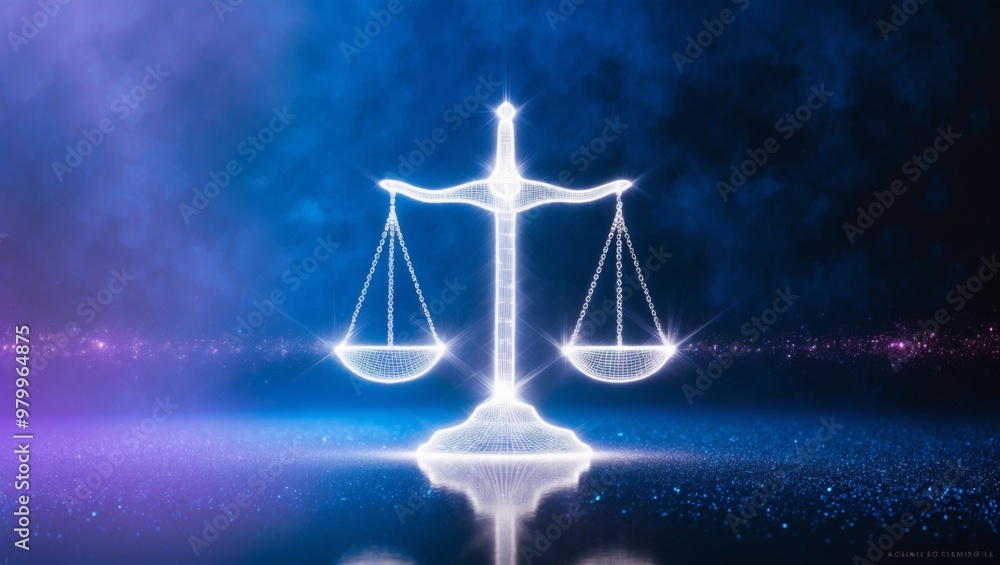 A glowing, digital representation of the scales of justice on a blue, cosmic background A glowing, digital representation of the scales of justice on a blue, cosmic background