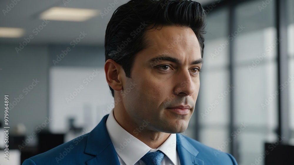 Obraz premium adult black hair white man in blue formal attire model portrait looking confident on an office background for ad concept space for text