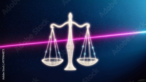 A glowing illustration of the Scales of Justice against a starry background