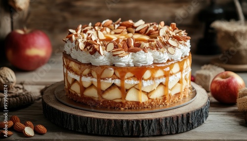 Apple and whipped cream filled cake with caramel almond topping