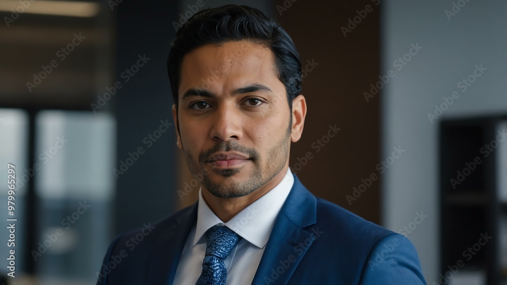 Fototapeta premium adult black hair hispanic man in blue formal attire model portrait looking confident on an office background for ad concept space for text