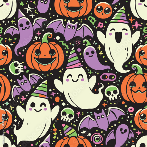 Festive seamless background for Halloween with ghosts, pumpkins, skulls and bats.