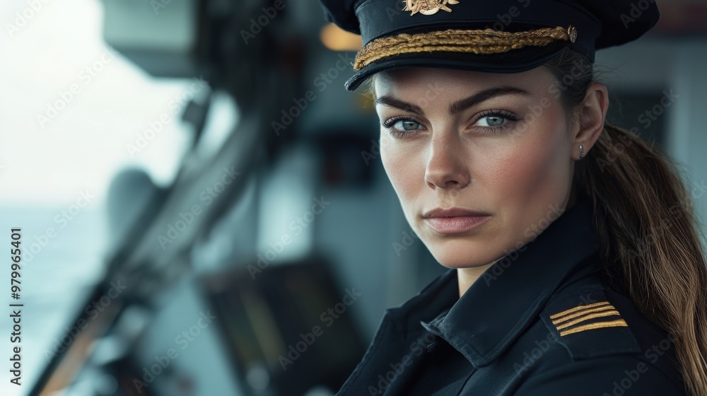 The naval officer stands confidently on the deck, overseeing the ongoing maritime operation with a determined expression, showcasing her leadership role The naval officer stands confidently on the deck, overseeing the ongoing maritime operation with a determined expression, showcasing her leadership role